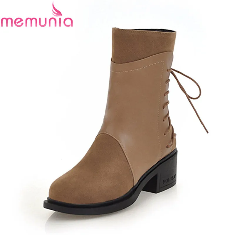 

MEMUNIA 2020 new arrival women brand boots round toe cross tied pu leather boots 3cm low heels ankle boots female winter shoes