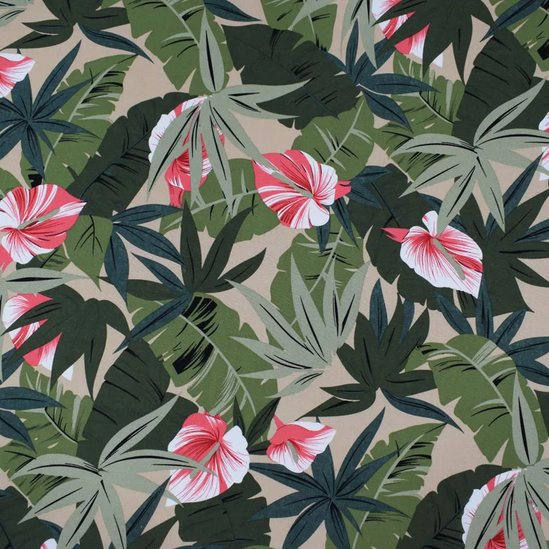 

Red flowers with green leaves reactive dyeing children's cotton linen fabric for summer dress shirt tissus tecido telas tissu