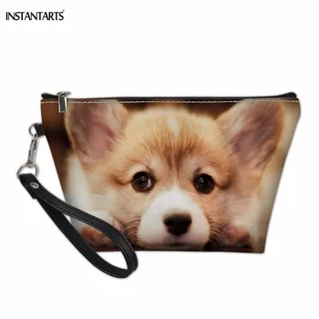 

INSTANTARTS Funny 3D Animal Corgi Dog/Puppy Print Cosmetic Woman Fashion Large Storage PU Leather Makeup Bag Clutch Make Up Case
