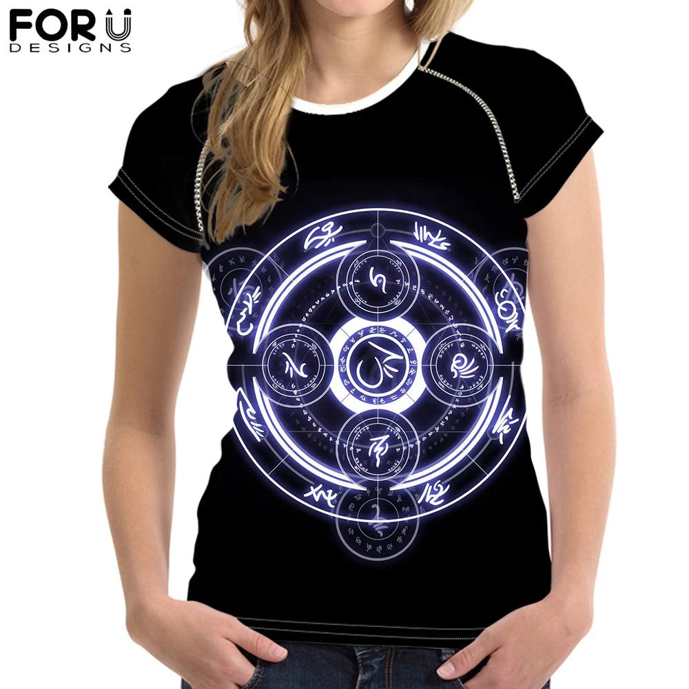 

FORUDESIGNS Gothic Magic Circle T-Shirt for Cool Women Girl Customize Picture Short Sleeve Tee Tops Female Black Summer Tshirt