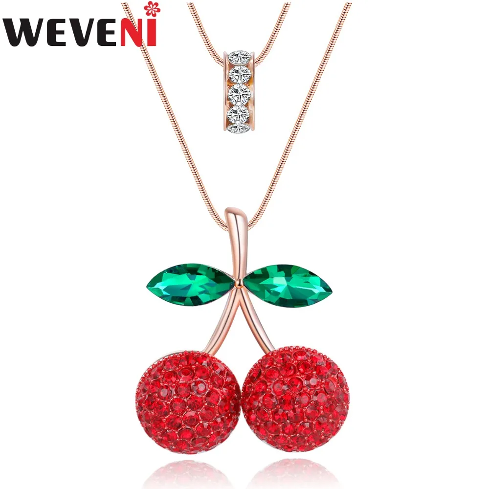 

WEVENI Statement Crystal Cherry Necklace Pendant Drop Shipping Long Chain Collar Jewelry Gift For Women Fashion Girl Accessories