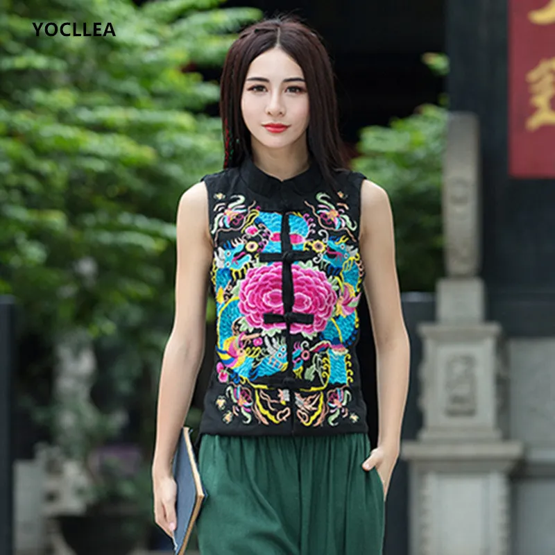 Chinese style Embroidery Sleeveless Women Vests Jacket Cotton Linen