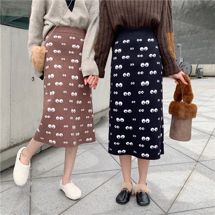

2019 autumn winter eyes printed Knitted skirt women soft knit skirts