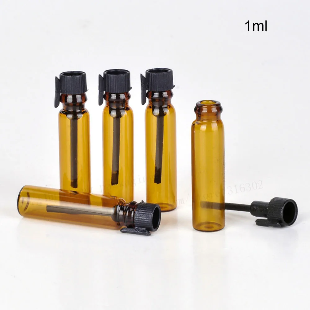 

100 x 1ml Amber mini perfume Glass bottle Small Sample Parfum vials tester trial Perfume bottle with Black Stoppers