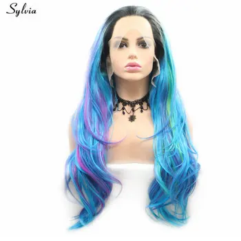 

Sylvia Body Wave Wig Dark Root Light Blue Wigs Highlight Purple Natural Hairline Synthetic Lace Front Wigs For Women Drag Queen