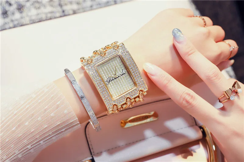 de Prata Luxo Strass Senhoras Pulseira Relógio