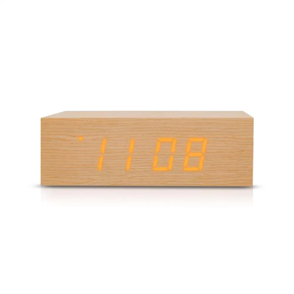 

LED Alarm Clock Wood Bamboo Digital Time Display Rectangle Living Room Desk Table Alarm Clock