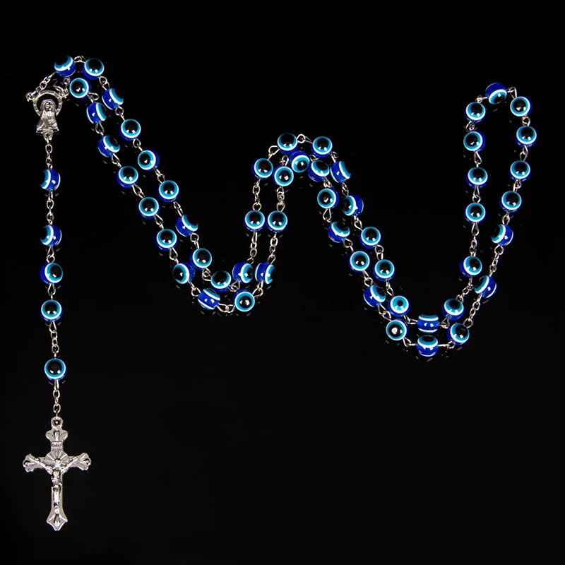 8 мм турецкое ювелирное ожерелье с голубым глазом для мужчин/женщин, Трендовое длинное ожерелье из нержавеющей стали с крестом Святого Бенедикта четки