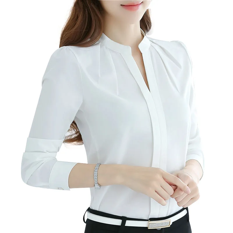 Женская Повседневная шифоновая блузка с длинным рукавом, Женская Сексуальная рубашка с v-образным вырезом, женские офисные тонкие Топы - Цвет: Белый