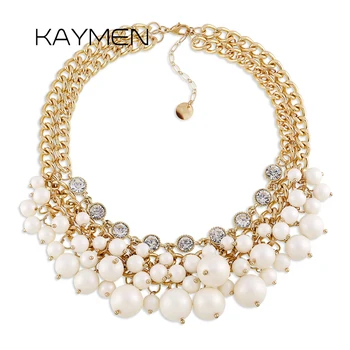 

KAYMEN New Arrivals Golden Color Inlaid Rhinestones and Imitation Pearls Necklace for Girls Crystals Statement Bib Chokers