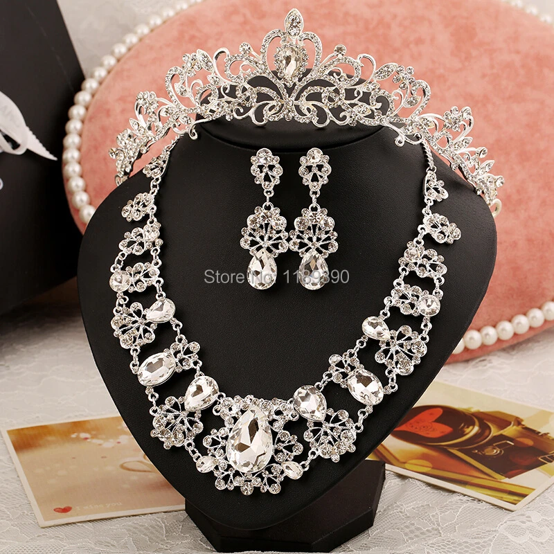 

Sliver Plated Rhinestone Crystal Necklace+Earrings+Tiara Bridal Party Crystal Rhinestone Necklace set Bridal Wedding Accessories