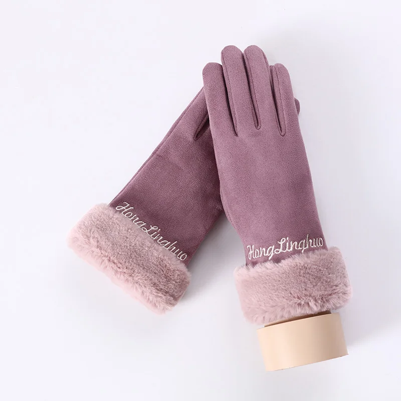 D Bean color Зимние женские однослойные плюшевые Наручные Теплые кашемировые полный палец варежки женские замшевые перчатки для вождения с сенсорным экраном 82A - Цвет: D Bean color