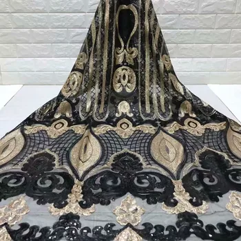 

2019 most beautiful wine nigeria velvet lace Fabric black gold For Dress African french mesh velvet fabric with sequins