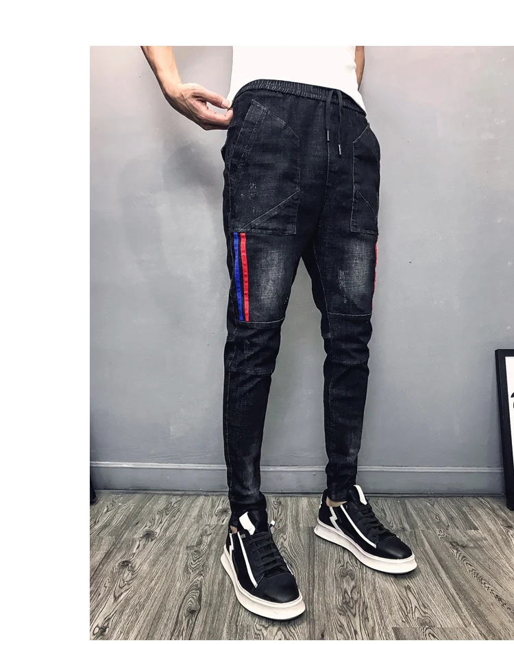 Весенние Новые мужские джинсы с эластичным поясом, мужские трендовые полосатые зауженные джинсы, черные модные повседневные брюки мужские брюки 28-36