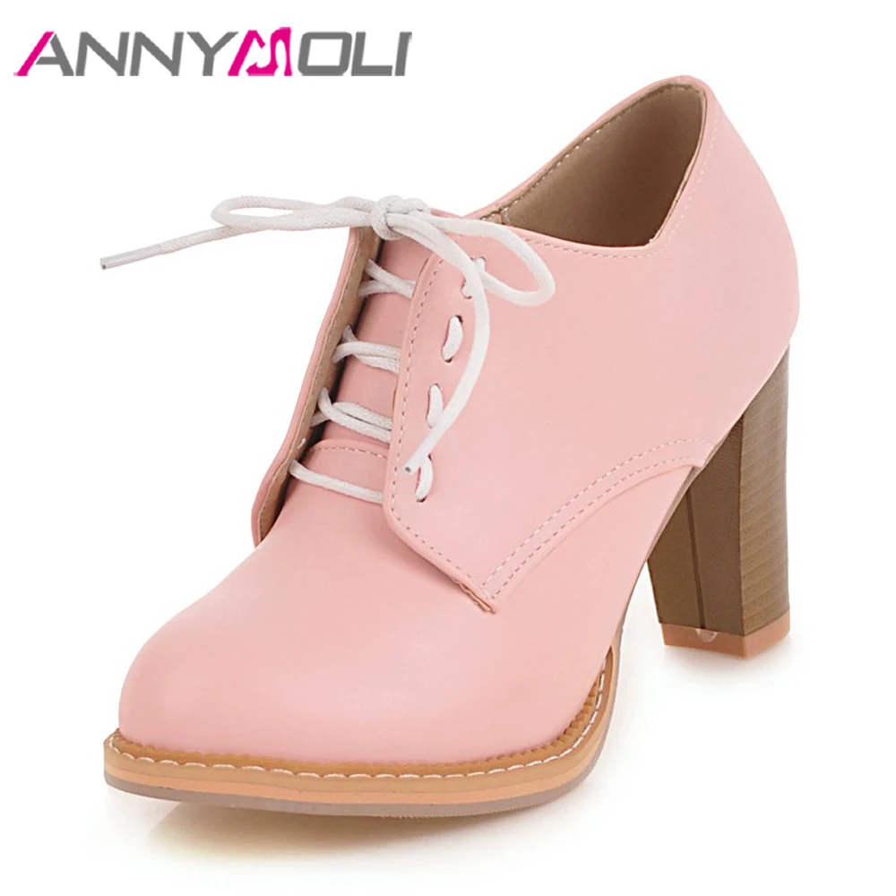 

ANNYMOLI Derby Shoes Women High Heels Lace Up Block High Heel Shoes Casual Round Toe Pumps Ladies Spring Purple Large Size 33-46