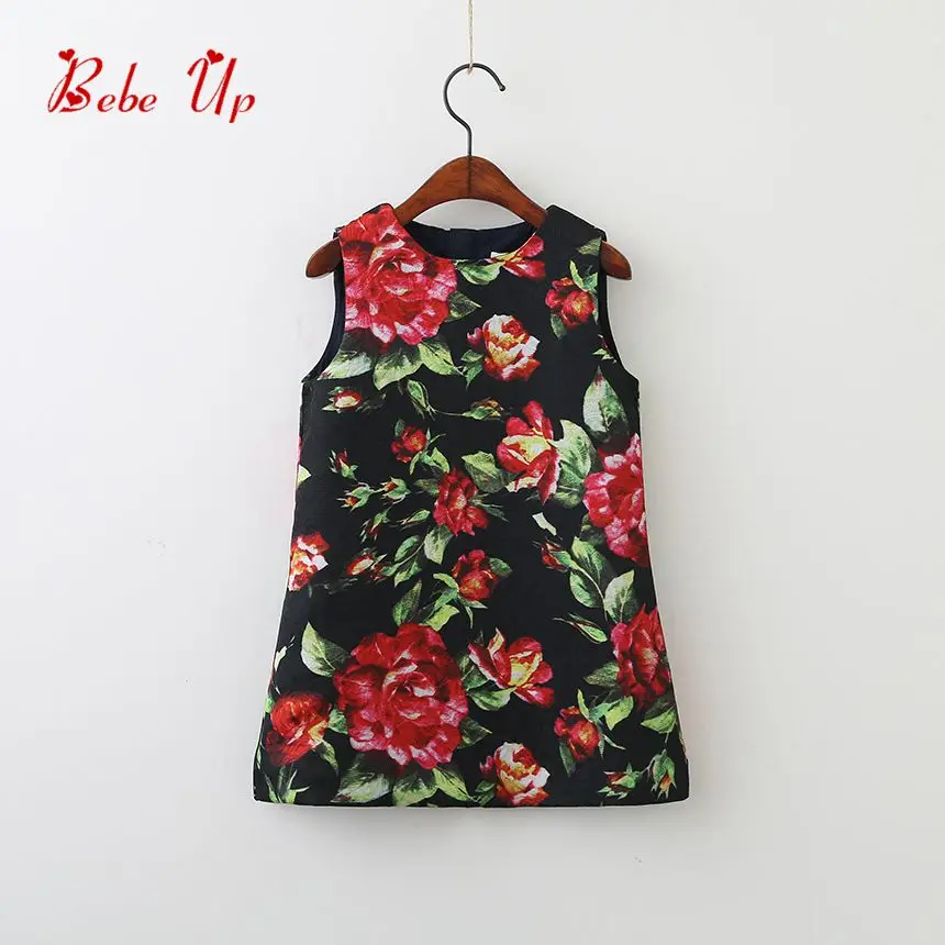 

Floral Girls Dresses Spring Black Little Girls Dresses Sleeveless Designer Children Princess Clothing Kids Teenager Party Dress