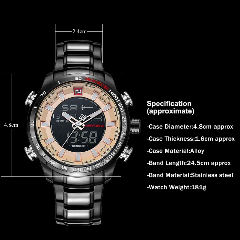 Мужские спортивные часы NAVIFORCE брендовые с двойным дисплеем светодиодный