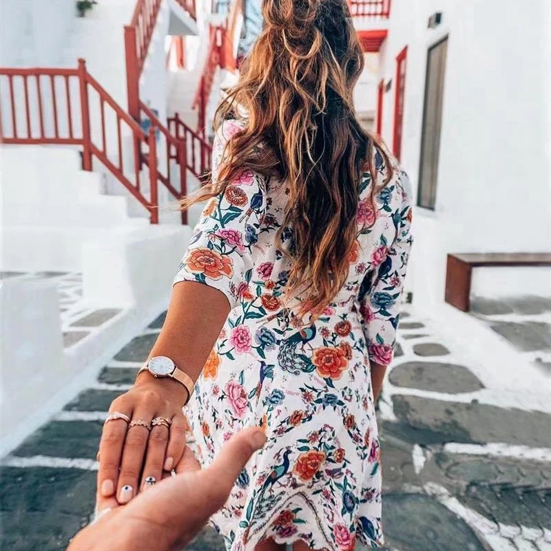 Фото Khale Yose Лето 2018 мини платье с v образным вырезом птица цветочный принт Boho шикарные Khale Yose Лето 2018 мини платье с v образным вырезом птица цветочный принт Boho шикарные
