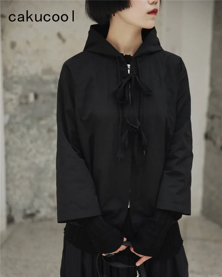 

Cakucool Autumn Women Black Jacket Hooded Zipper Japanese Lace-up Short Jackets Coat Feminino Preppy Girls Tops Women Clothing