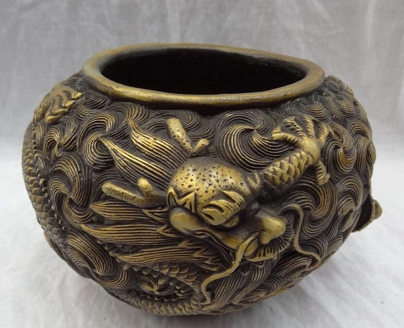 

S4155 Tibet Bronze Fly Dragon Head Ball Statue Buddhist Bowl Incense Burner Censer D0318
