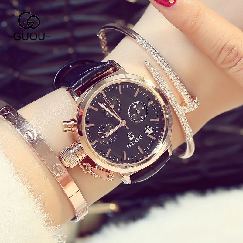 

GUOU Luxury Trendy Casual Women Watches 3 Eyes Calendar Leather Hardlex Face Ladies Dress Watch Wristwatch Clock Hours GU003