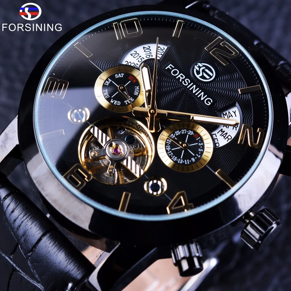Forsining Tourbillion ل الأزياء موجة الأسود الذهبي ساعة متعددة وظيفة عرض رجل التلقائي ساعات آلية أعلى العلامة التجارية الفاخرة