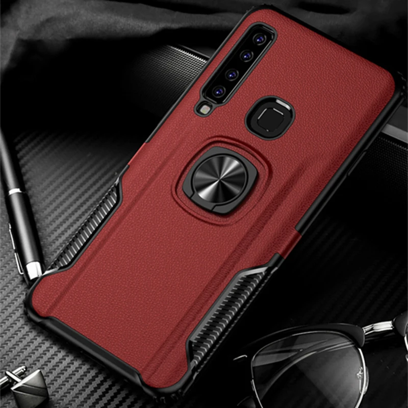 

Leather Metal Ring Stand Case For Samsung A9 A8 A7 A6 2018 Holder Car Magnetic TPU Armor Back Cover For A8 A6 Plus 2018 Fundas
