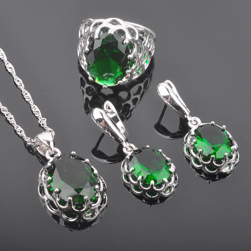 FAHOYO уникальный зеленый цирконий женские 925 серебряные ювелирные наборы серьги/кулон/ожерелье/Кольца QZ0162