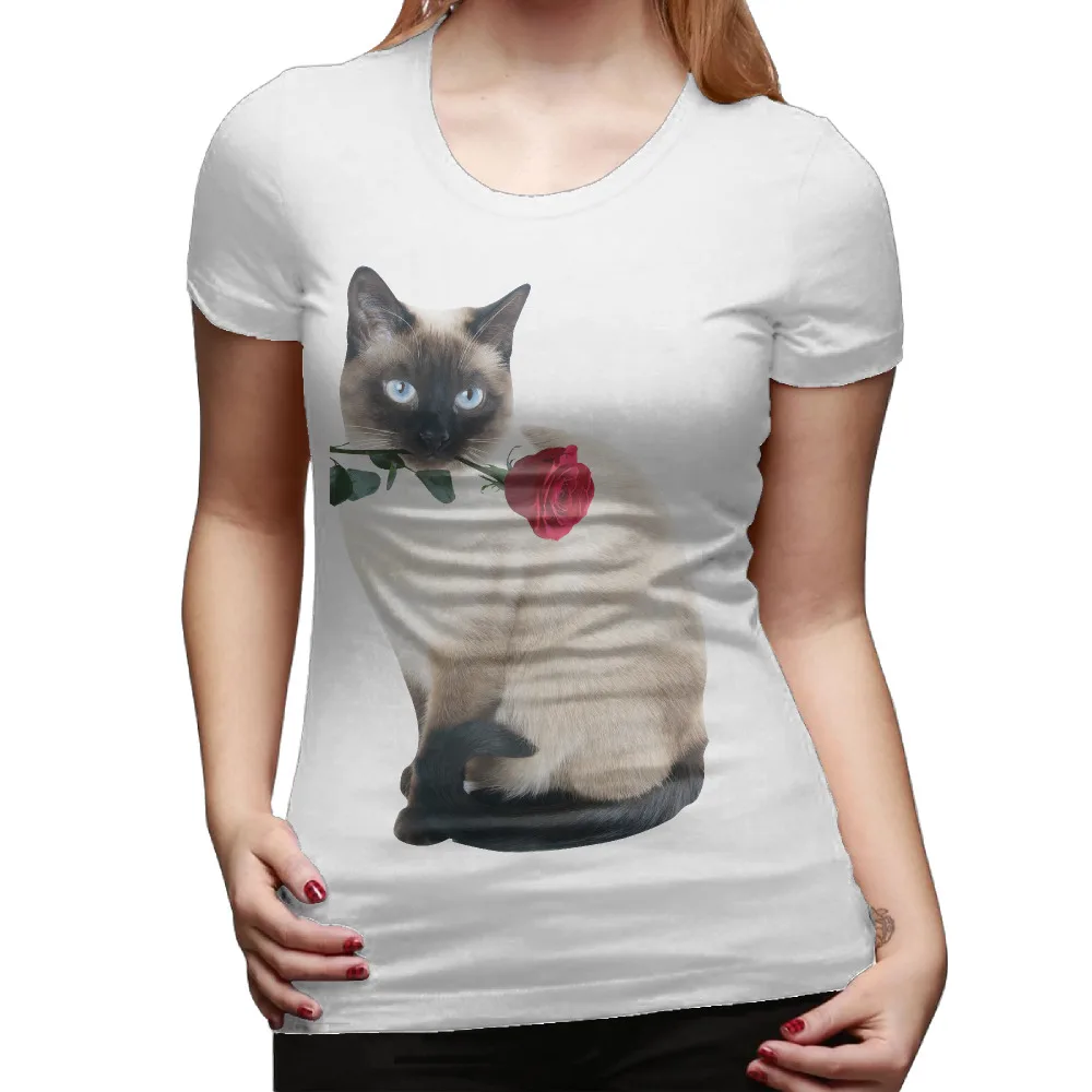High Quality Siamese Cat With Rose T Shirts Women Short Sleeve Cotton