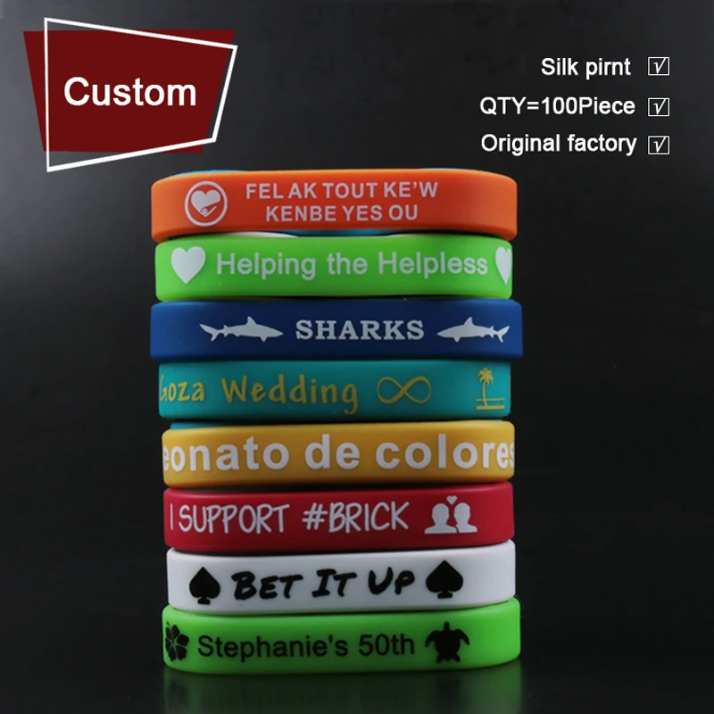 

100pcs Silk Print Silicone Bracelets Custom Wristband for Promotion Gift