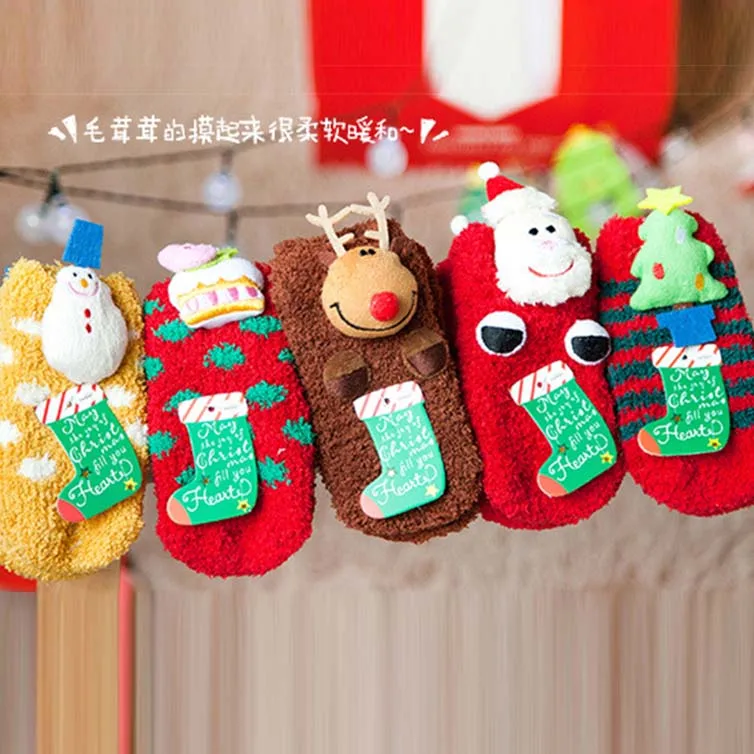 Детские Рождественские теплые носки из кораллового флиса; носки-тапочки с объемным рисунком для детей 0-3 лет