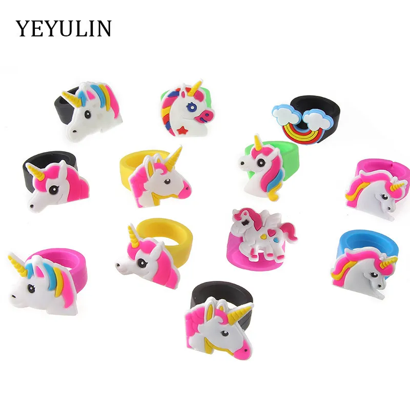 

New Arrival Fashion Rubber Unicorn Kids Rings For Girls Children Cartoon Finger Jewelry Party Gifts 10pcs