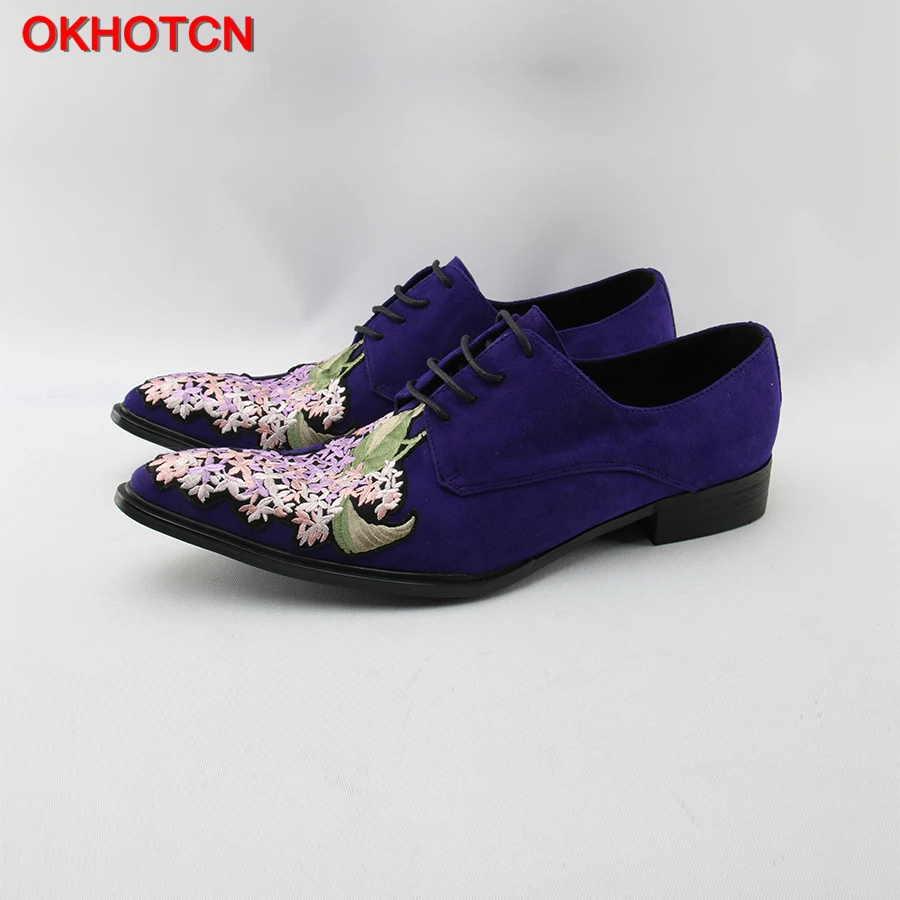 OKHOTCN Flower Embroider Blue Suede Shoes Men Lace Up Pointed Toe Men Leather Dress Shoes Plus Size Designer Wedding Party Shoes OKHOTCN Flower Embroider Blue Suede Shoes Men Lace Up Pointed Toe Men Leather Dress Shoes Plus Size Designer Wedding Party Shoes