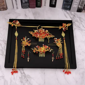 

2019 Bride Gold chinese antique headwear Phoenix Crown hair hoop long stream hairpin wedding hair Jewelry wholesale