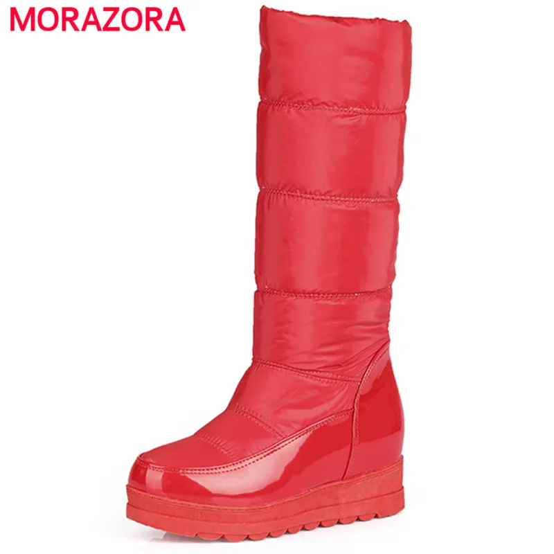 

MORAZORA Winter shoes woman fashion comfortable keep warm snow boots platform med heels mid calf boots PU big size 34-43
