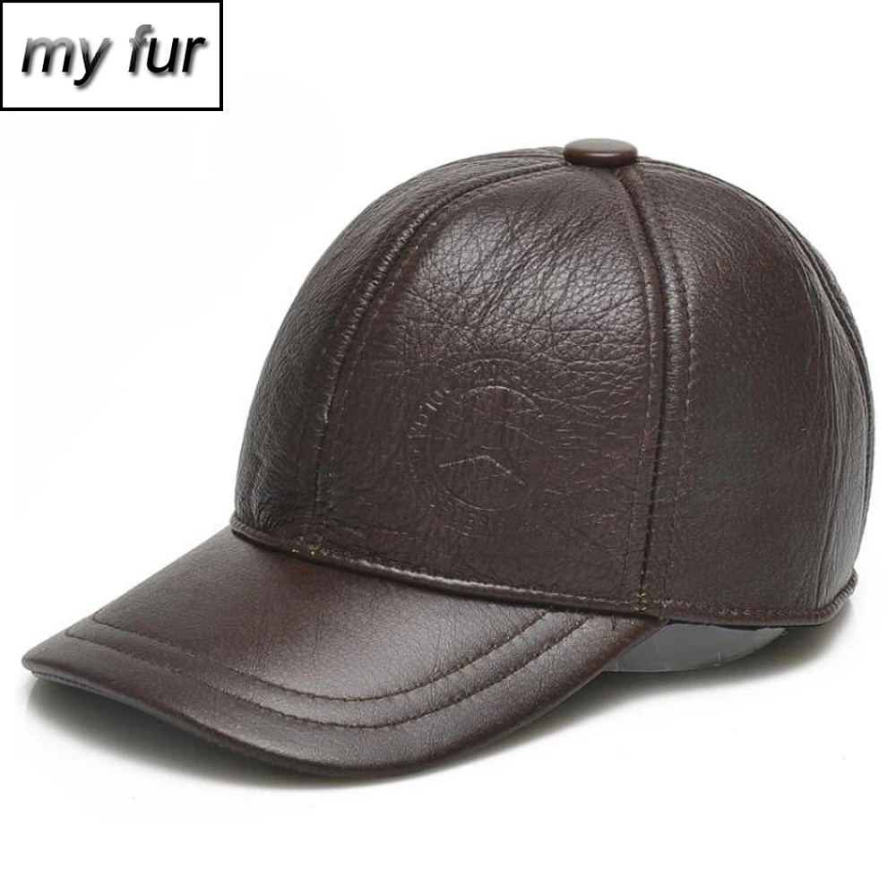 

Men Fashion Genuine Cowhide Leather Baseball Cap Casual Real Leather Hat Autumn Winter Real Cowhide Leather Ear Protection Caps