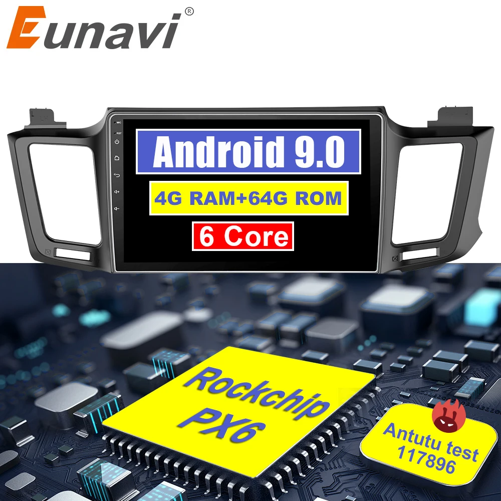 Flash Deal Eunavi 4G+32G Android 9.0 4G Car Radio Multimedia Video Audio Player WiFi Navigation GPS For Toyota RAV4 4 2013-18 Octa Core PX6 0