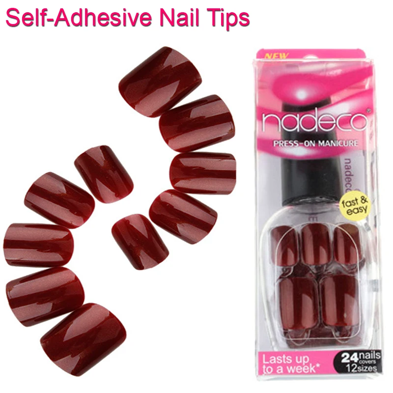 12sets Full Cover Dark Maroon Selfadhesive Fake Nail Polish Tips Red