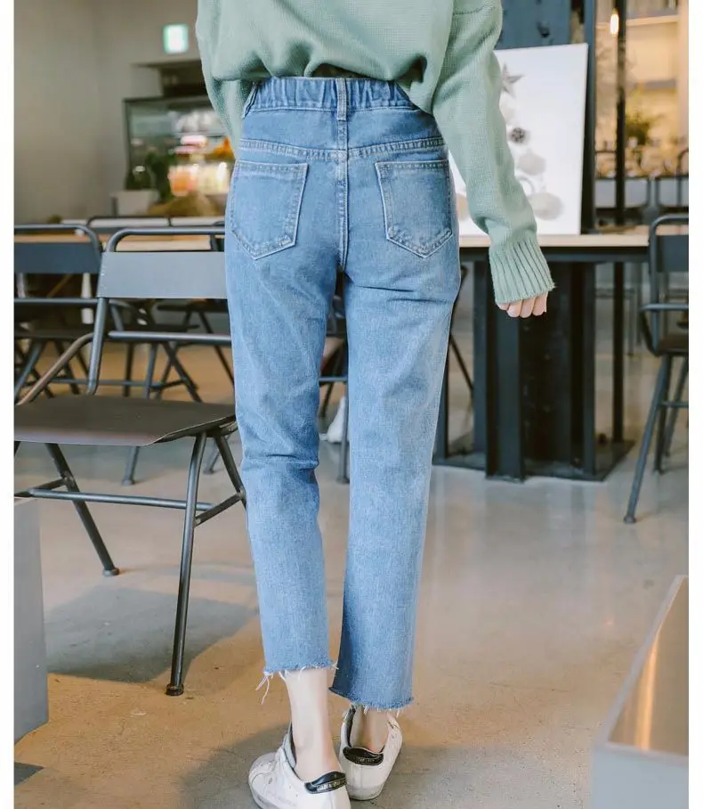 Новинка, повседневные Прямые женские джинсы, потертые, с высокой талией, корейские джинсы, рваные джинсы, Feminino