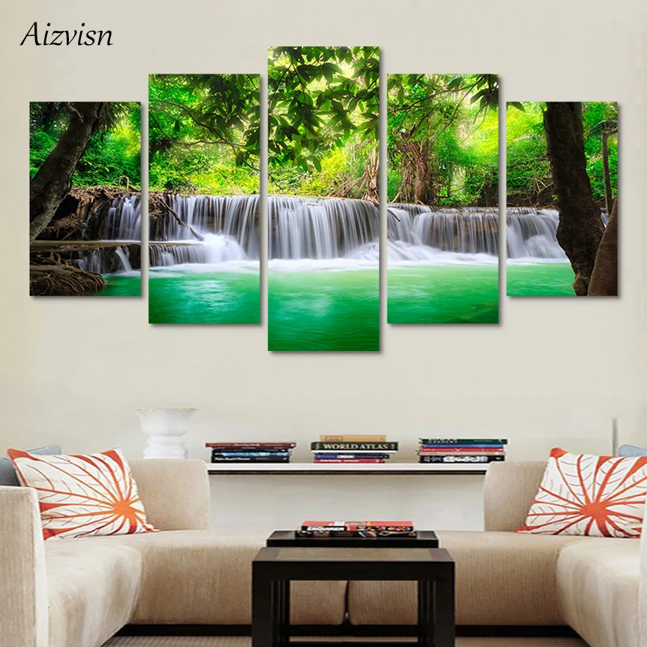 

Aizvisn Print HD Home Decor Poster Framed 5 Pcs Nature Forest Green Lake Waterfall Painting Canvas Pictures Living Room Wall Art