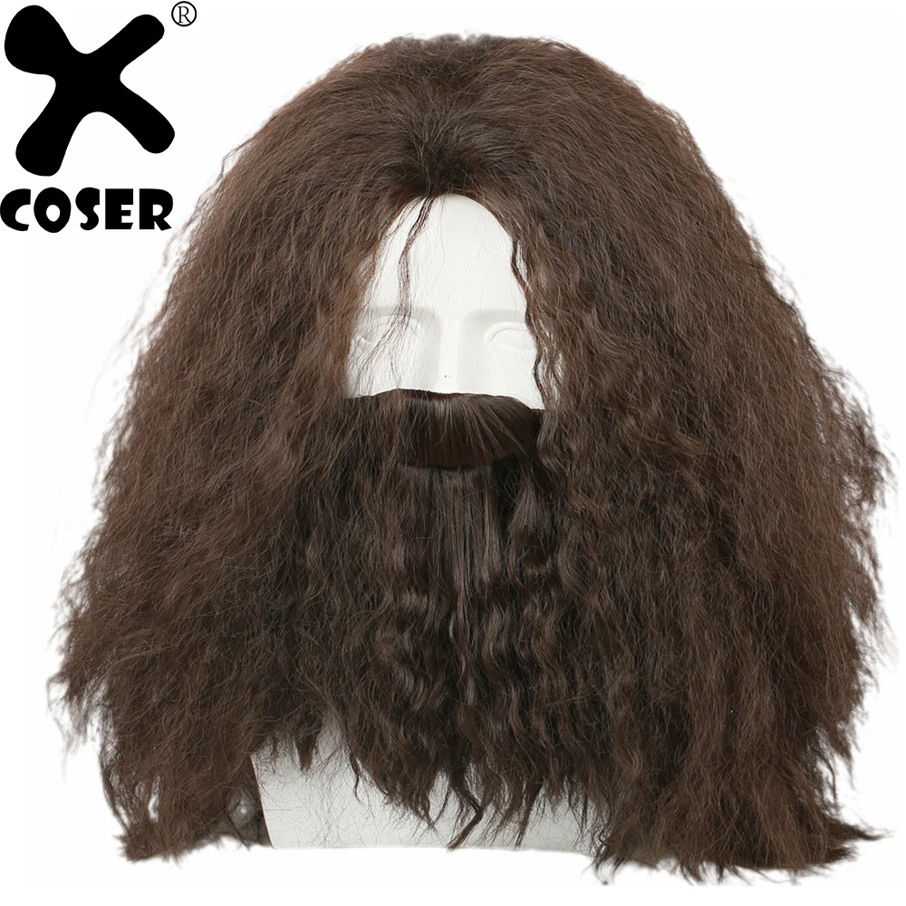 

XCOSER Halloween Hagrid Costume Props Harry Potter Cosplay Costume Brown Long Curly Wavy Hair Accessories With Beard Hot Sale