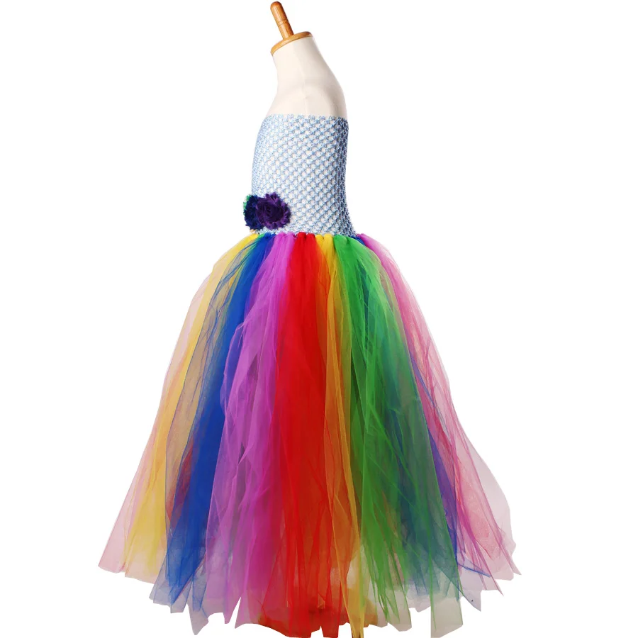 Shabby Flowers Girls Rainbow Tutu Dress Full Length Princess Tulle Dress Kids Birthday Party Ball Gowns Purim Xmas (6)