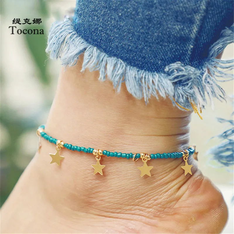 

Tocona Bohemia Green Beads Star Pendant Beaded Anklet for Women Beach Barefoot Anklets Foot Jewelry Pulseras Accessories 6765