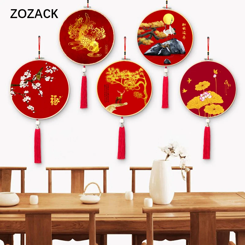 

Needlework DIY DMC Chinese circular painting lotus,plum, pine,deer,fish,magnolia red cloth print Cross stitch For Embroidery kit