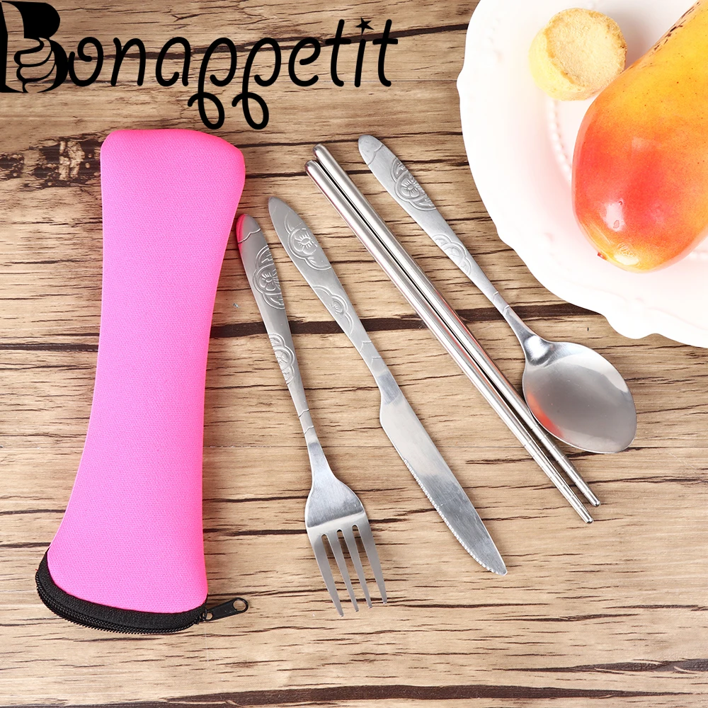 New 4PCS Knife Fork Chopsticks Stainless Steel Dinnerware Sets With