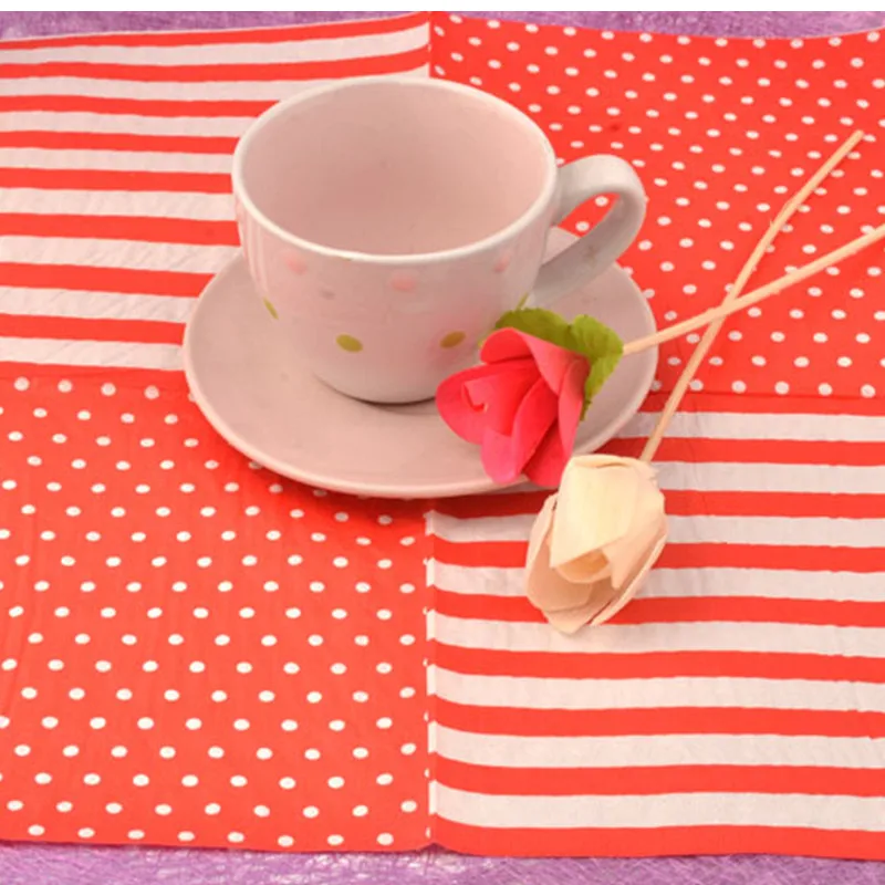 

Table napkins paper tissue print red white dot stripes handerchief decoupage wedding birthday party cafe decoration mug cup mat