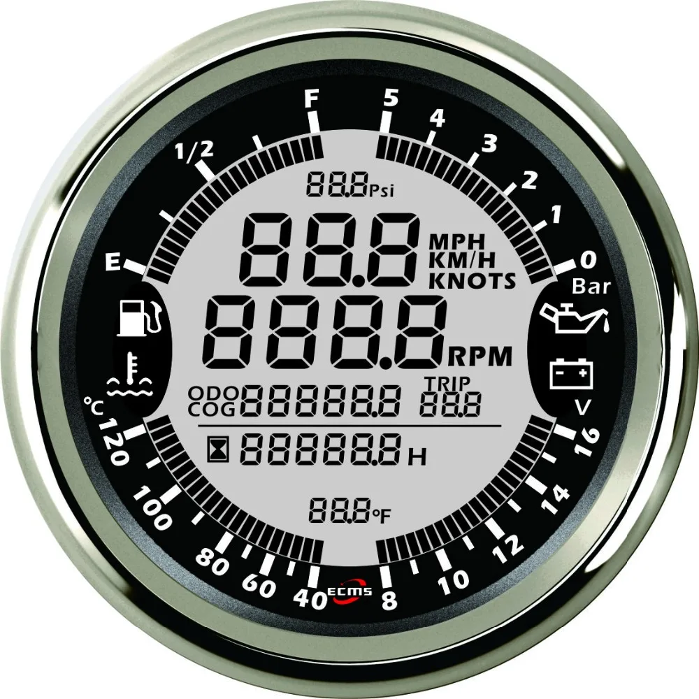 Marine Boat Car Digital Multifunction Gauge-6 12V 85mm 5Bar 316L Chrome Black  900-00124 marine boat digital gps speedometer tachometer 6in1 multifunction gauge 8 16v 5bar 85mm 7 colors 316l bezel