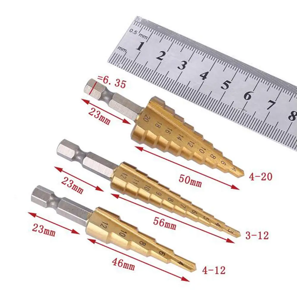 3 шт. Hss шаг конус сверла набор дыра резак метрических на возраст от 4 до 12 лет/20/32 мм 1/" Титан металлическое покрытие для шестигранных бит керн сверла