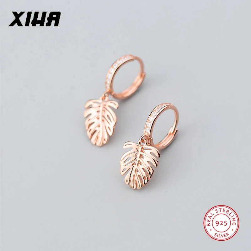 

XIHA Rose Gold Color Leaf Charm Round Hoop Earring for Women Crystal 925 Sterling Silver Earrings Hoops Earings Fashion Jewelry