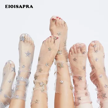 

Street wear Harajuku Glitter Stars Socks Women Soft Transparent Elastic Mesh Meias Gold Sliver Shiny Stars Fishnet Hosiery Sock